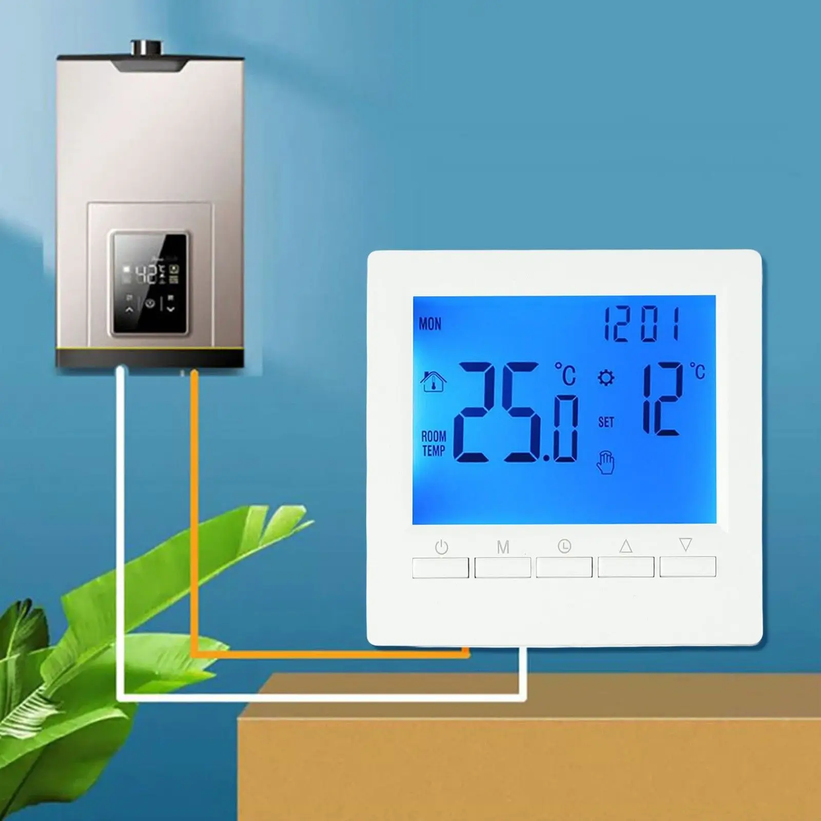 A person adjusting their home heating on a smartphone with a smart thermostat in the background.
