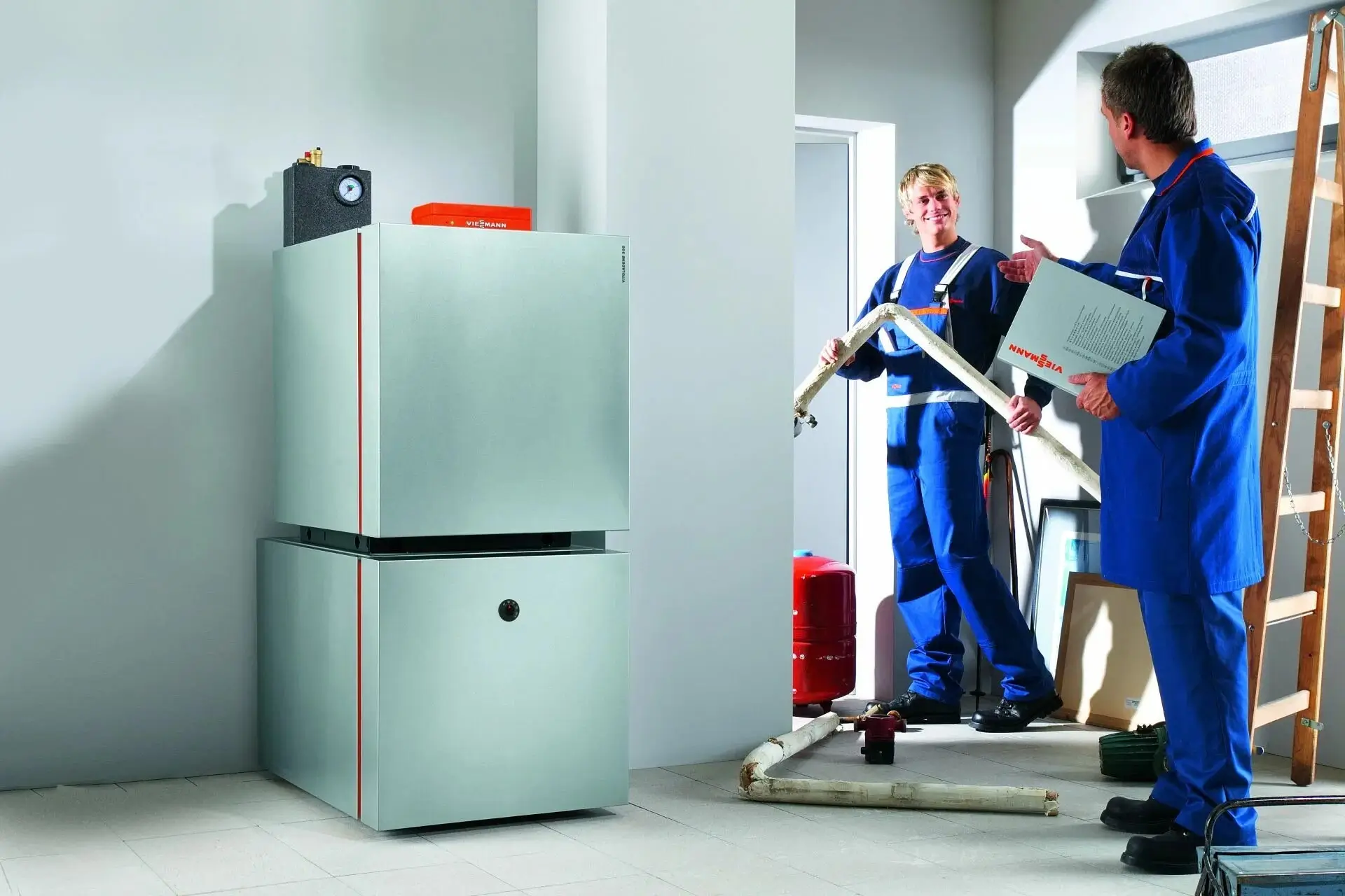 A ThermoFlow Experts van parked neatly outside a home, with engineers preparing to unload equipment.